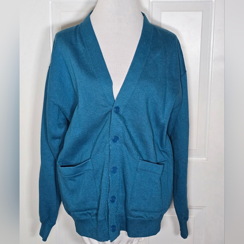 Mcromes Teal Blue Button-Up Fleece Cardigan Vintage Women's Medium